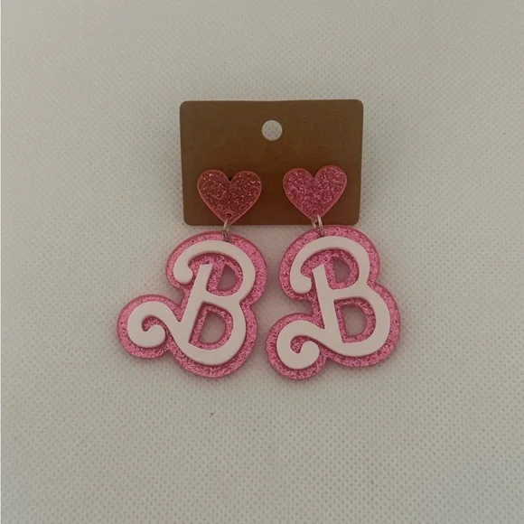 Barbie Pink Glitter ‘B’ Earrings – Heart Accent Dangle Statement Jewelry – NWT - Picture 4 of 6